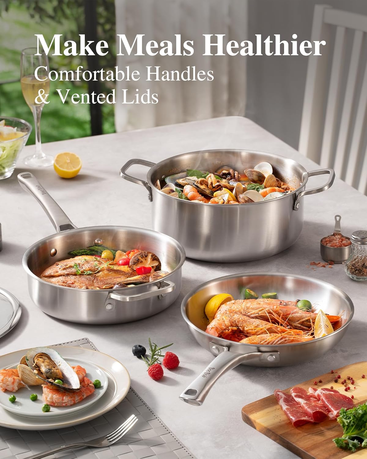 Stainless Steel Cookware Set,Tir-Ply Pots and Pans Set,13 Pcs Stainless Steel Induction Kitchen Cookware Sets,PFOA Free, Frying Pans, Butter warmer,Saute Pan & Stock Pot,Compatible with All Cooktops