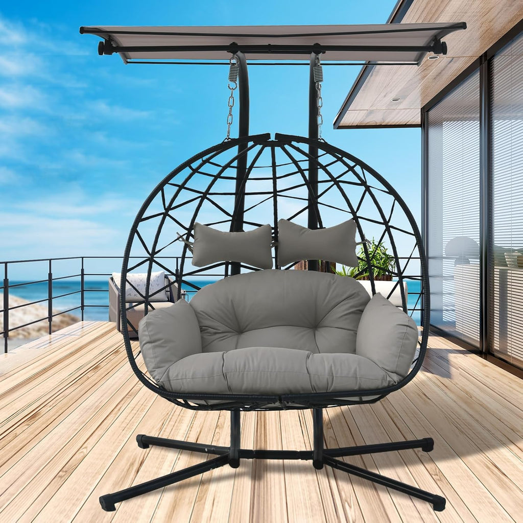 2 Person Hanging Egg Chair with Canopy, Outdoor Rattan Swing Hammock Basket Chair with Soft Cushion, Wicker Egg Chair for Outdoor Patio, Balcony, Garden (Grey)