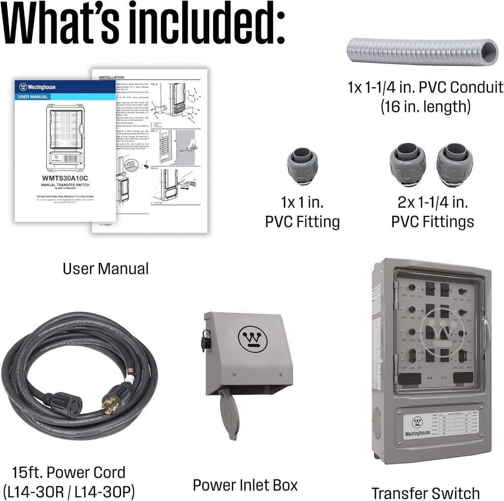 Westinghouse 30 Amp Transfer Switch Kit with 8 Circuits, Compatible with Generators up to 7500 Running Watts,Grey