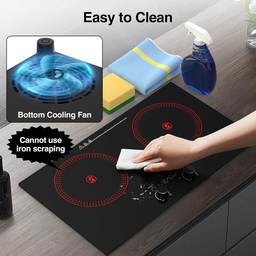 2 Burner Ceramic Cooktop, 2400W 110V Built-in or Countertop Electric Cooktop with Touch Screen & Knob Control, 10 Heat Settings, Child Lock, Timer, Overheat Protection.