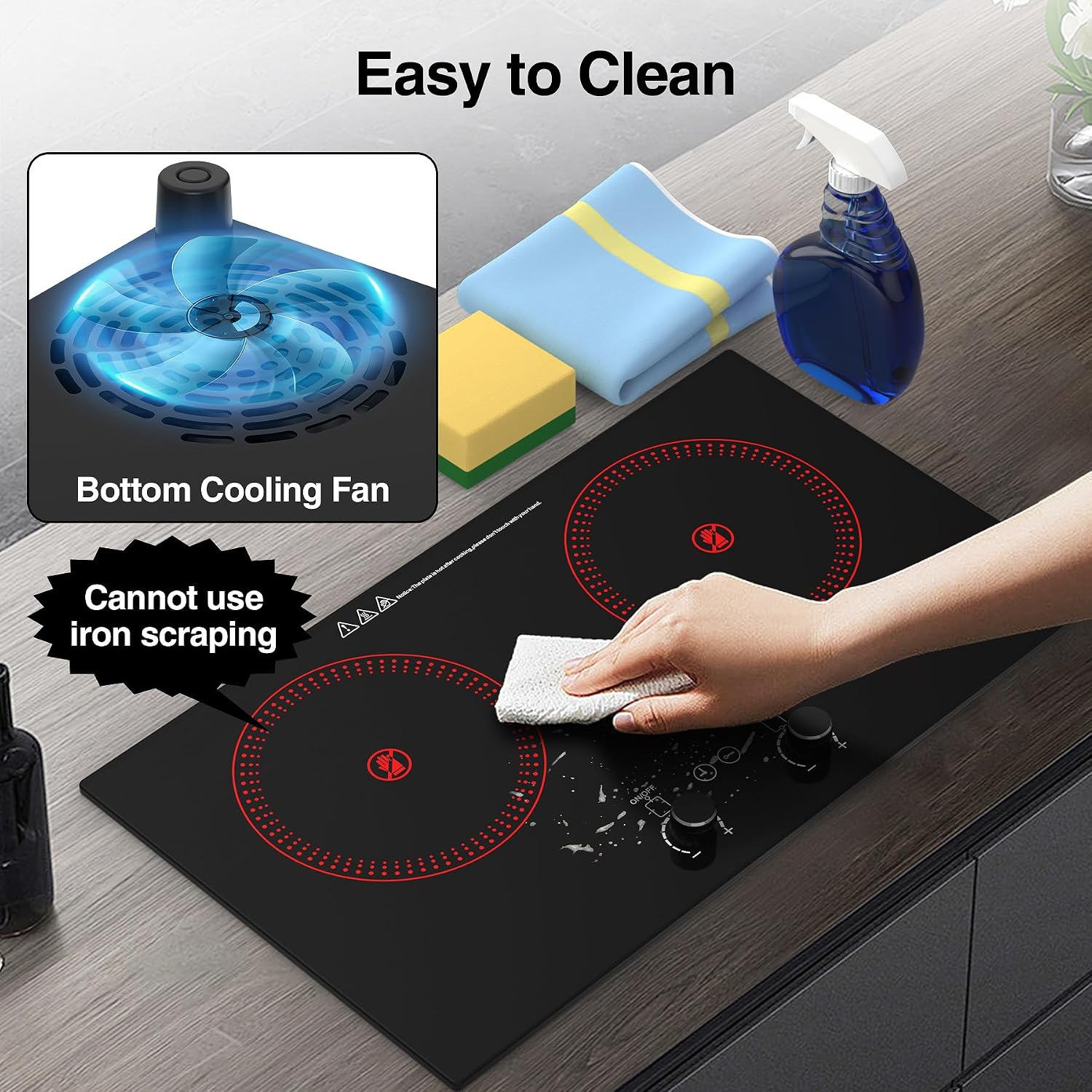 2 Burner Ceramic Cooktop, 2400W 110V Built-in or Countertop Electric Cooktop with Touch Screen & Knob Control, 10 Heat Settings, Child Lock, Timer, Overheat Protection.