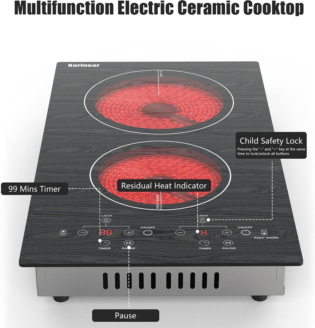 Karinear Portable Electric Cooktop 2 Burners, 110v Plug in Electric Stove Top, Countertop Use or Built-in Install, 12'' Ceramic Cooktop with Beautiful Wooden Pattern