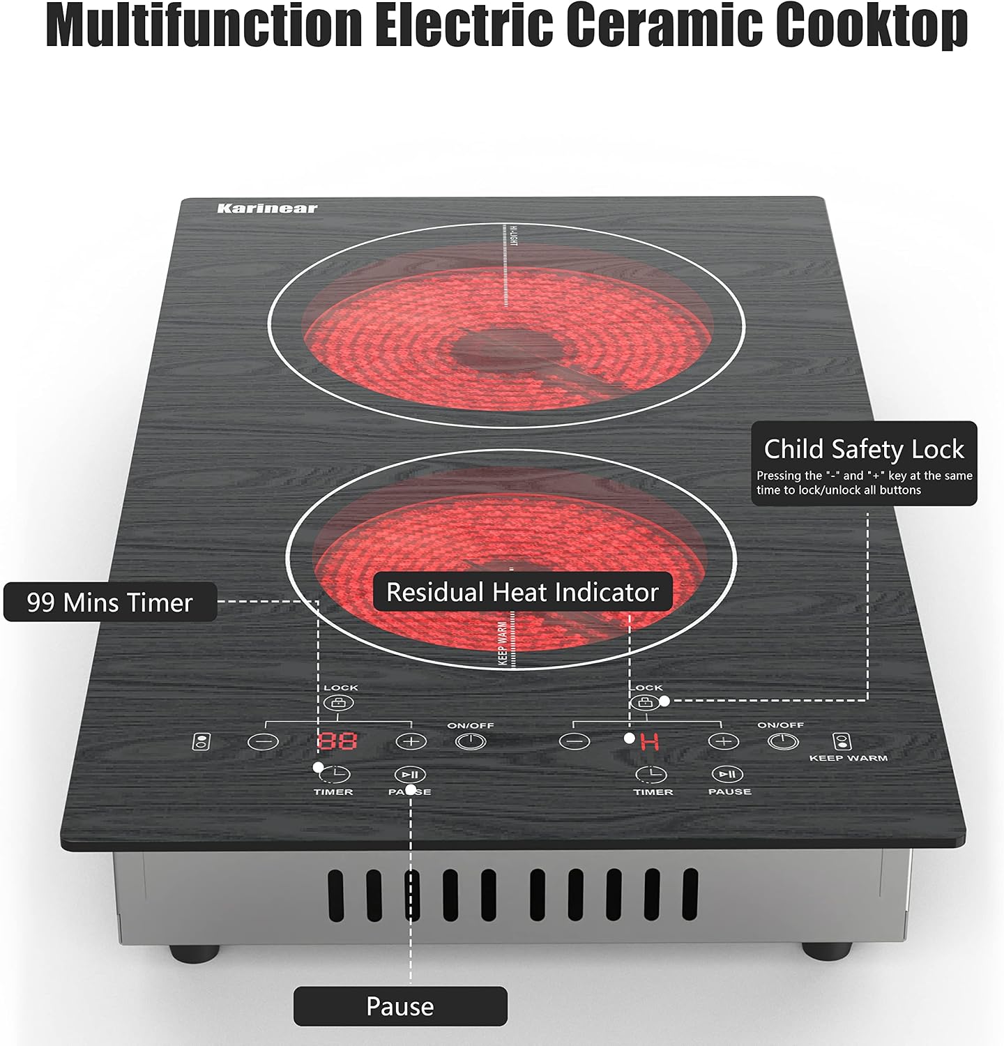 Karinear Portable Electric Cooktop 2 Burners, 110v Plug in Electric Stove Top, Countertop Use or Built-in Install, 12'' Ceramic Cooktop with Beautiful Wooden Pattern