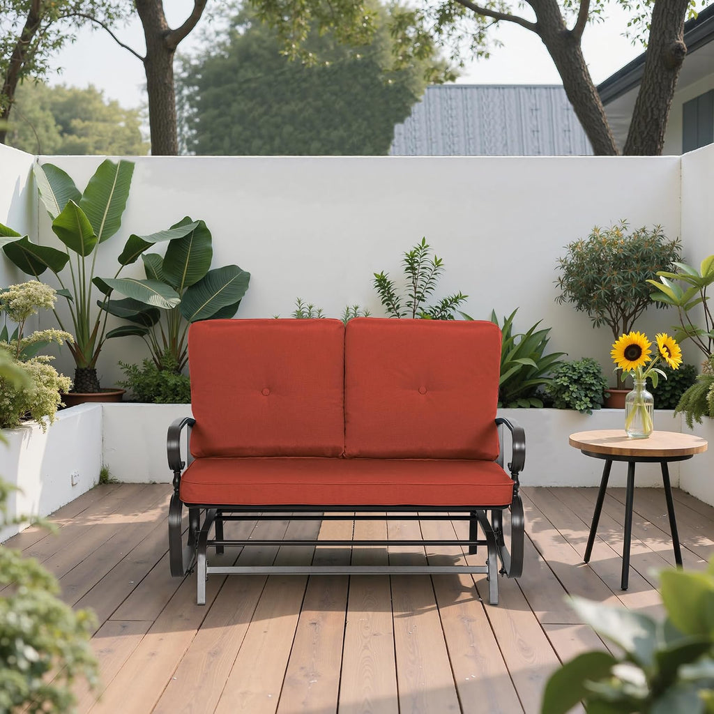 Outdoor Bench Patio Swing Glider Loveseat 2 Seats Rocking Chair, Wrought Iron Gliders for Outside Patio with Cushion (Red)