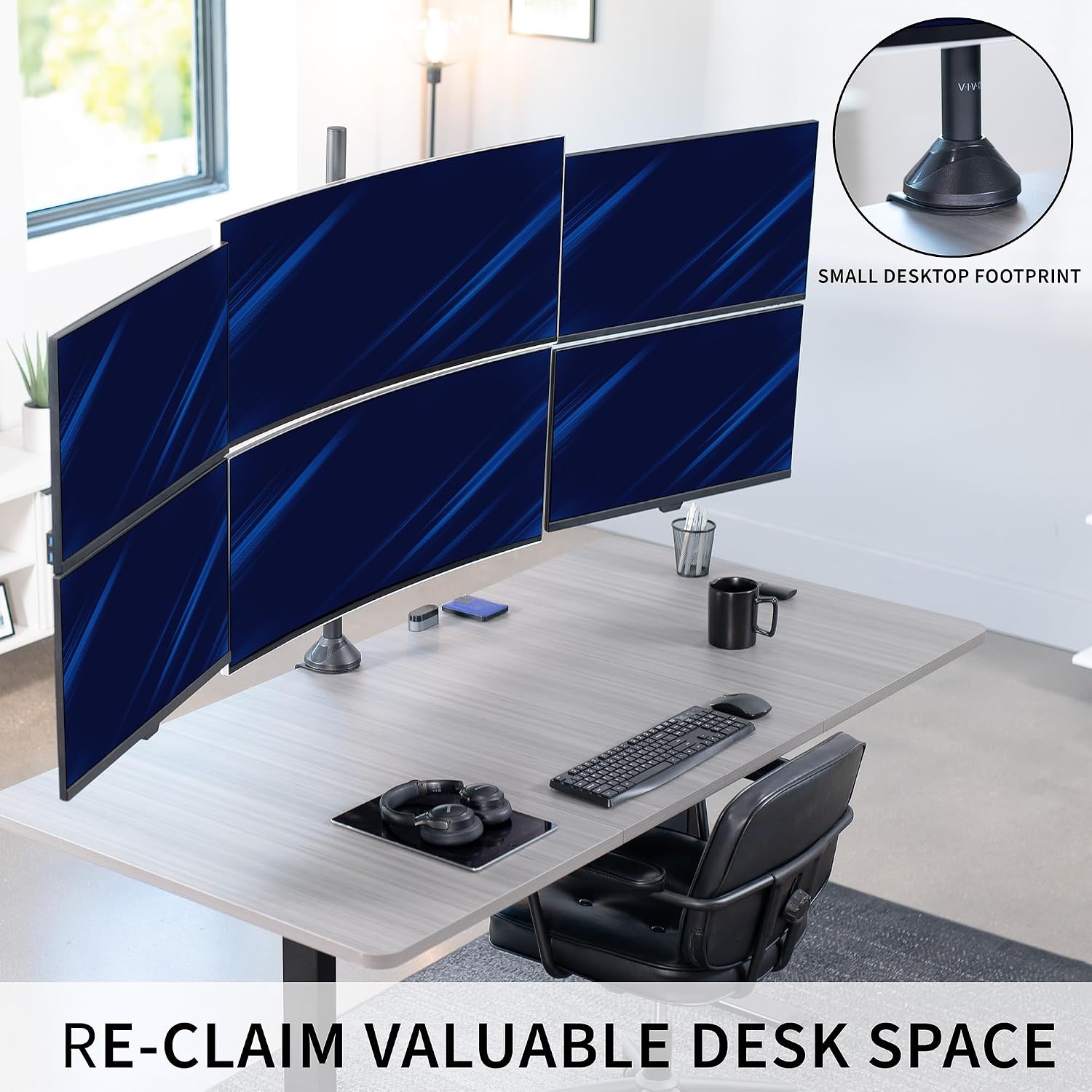 VIVO Premium Hex Ultra Wide LCD LED 27 to 38 inch Monitor Desk Mount, Heavy Duty C-clamp, Extra Tall Pole, Adjustable Telescoping Arms, Flush Wall Setup, Fits 6 Screens, Black, STAND-TS06C