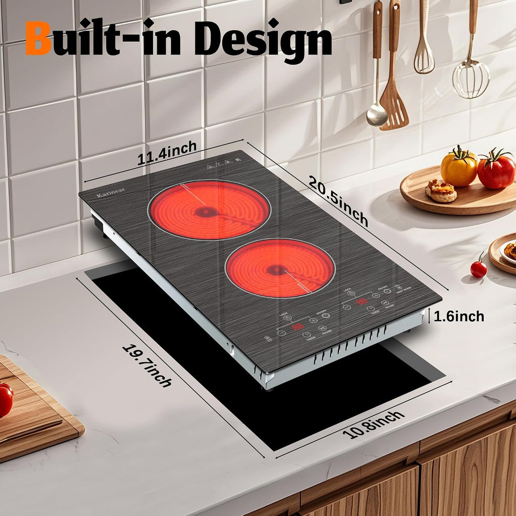 Karinear 2 Burner Electric Cooktop 110V, 12 Inch Countertop & Built-in Electric Stove Top, Plug-in Ceramic Cooktop with Child Safety Lock, Timer, Pause, Smooth Glass Surface with Beautiful Pattern(A)
