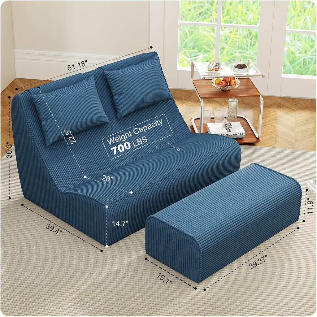 Giant Bean Bag Chair for Adults - Indoor Chaise Lounge with Pillows & Ottomans, Upholstered Loveseat Floor Sofa Chair for Reading, Gaming, Napping, and Movies (Royal Blue)
