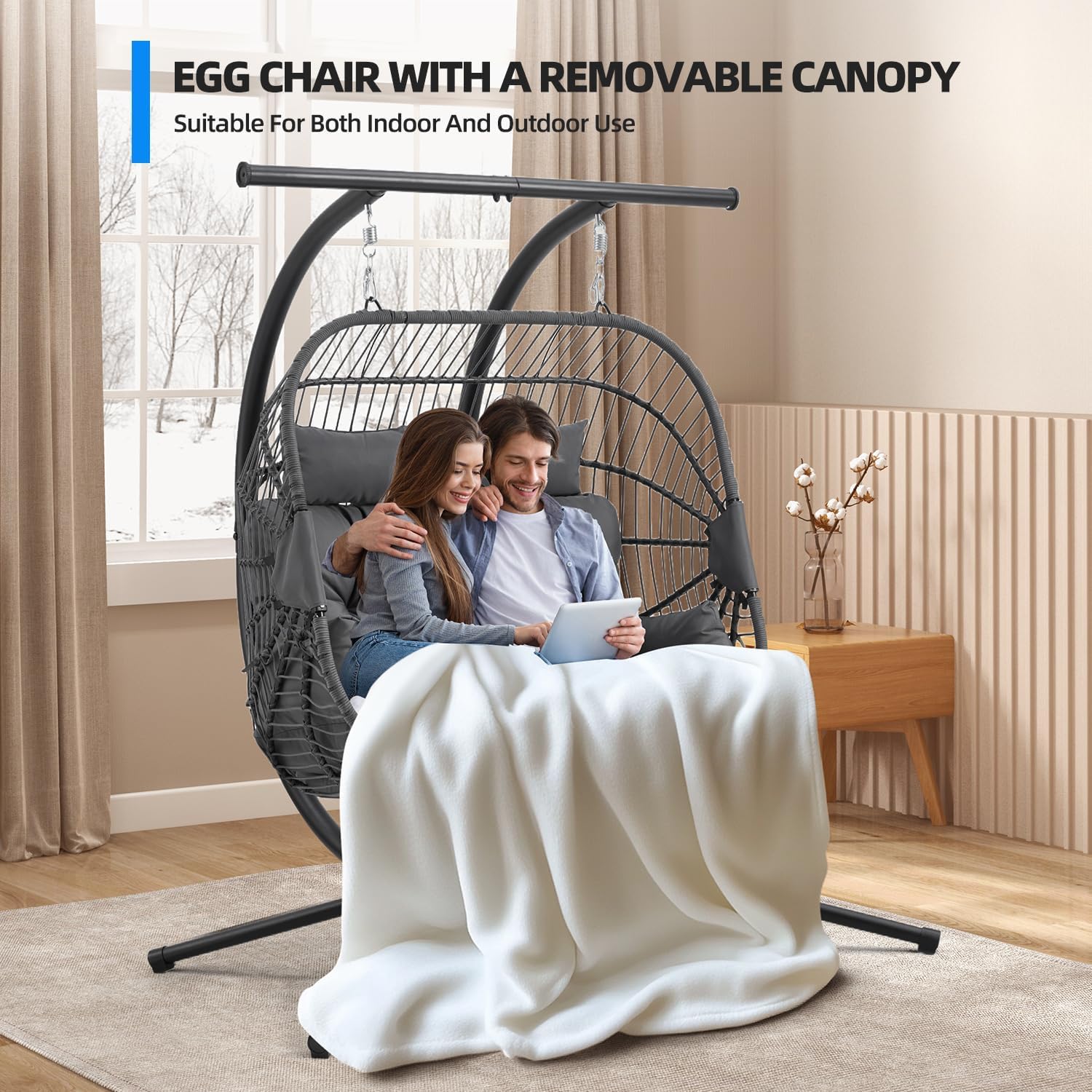 YOLENY Double Egg Chair with Adjustable Canopy, Oversized Hanging Swing Chair, Hammock Chair with Cushion Basket Hammock Nest Chair, Swinging Loveseat for Outdoor Patio, Balcony, Garden