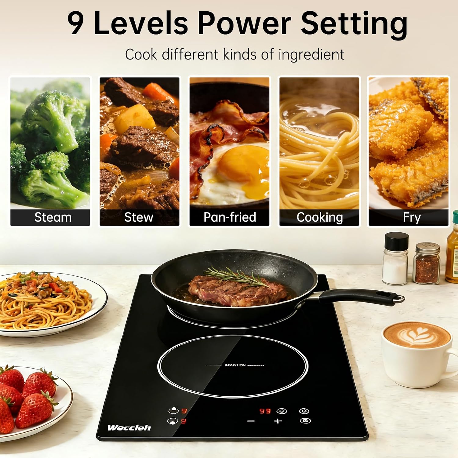Double Induction Cooktop 3300W, Weceleh 2 Burner Induction Stove Top with 9 Power Levels, 12 Inch Electric Cooktop, Safety Lock, Timer, Plug-in, Built-in or Countertop, 110-120V