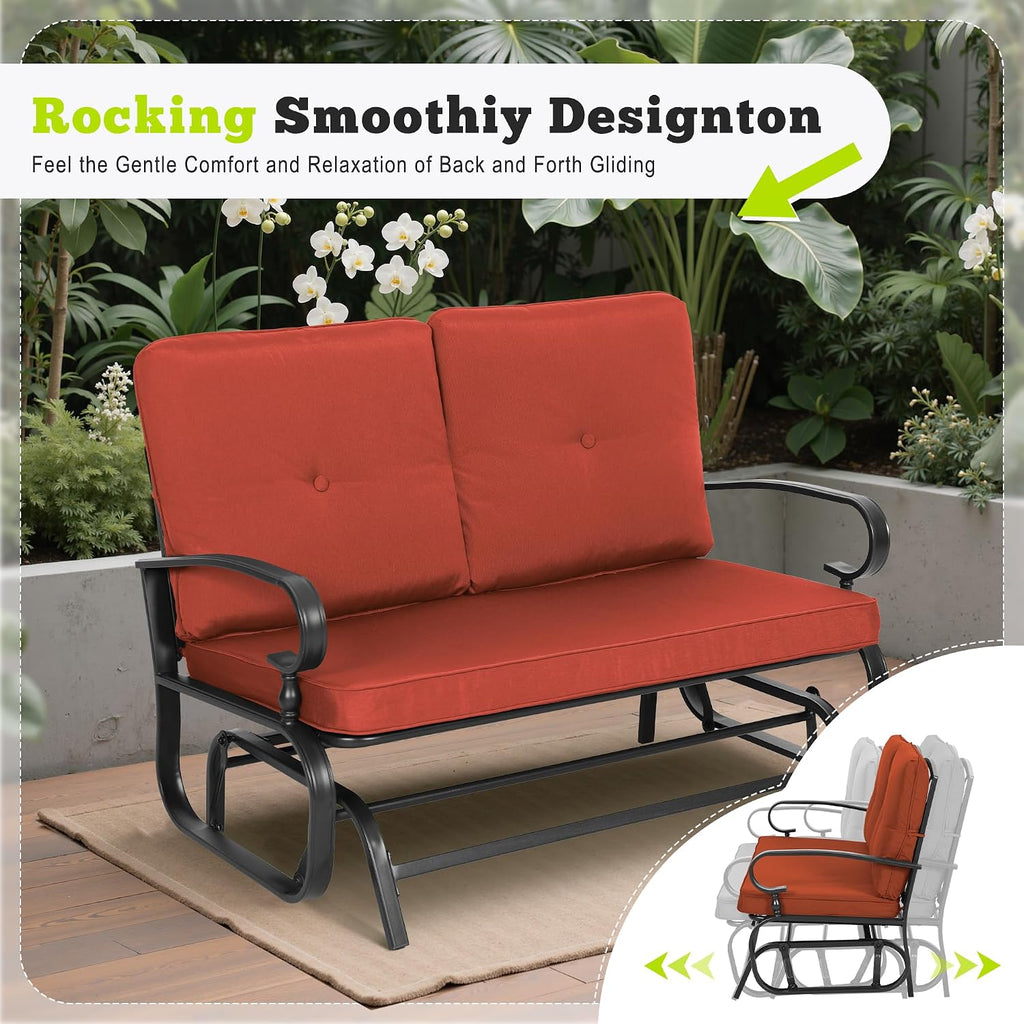 Outdoor Bench Patio Swing Glider Loveseat 2 Seats Rocking Chair, Wrought Iron Gliders for Outside Patio with Cushion (Red)