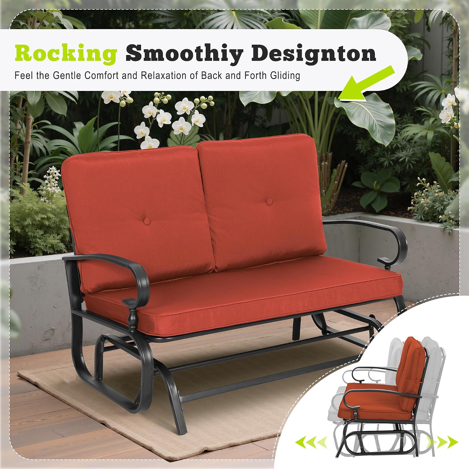 Outdoor Bench Patio Swing Glider Loveseat 2 Seats Rocking Chair, Wrought Iron Gliders for Outside Patio with Cushion (Red)