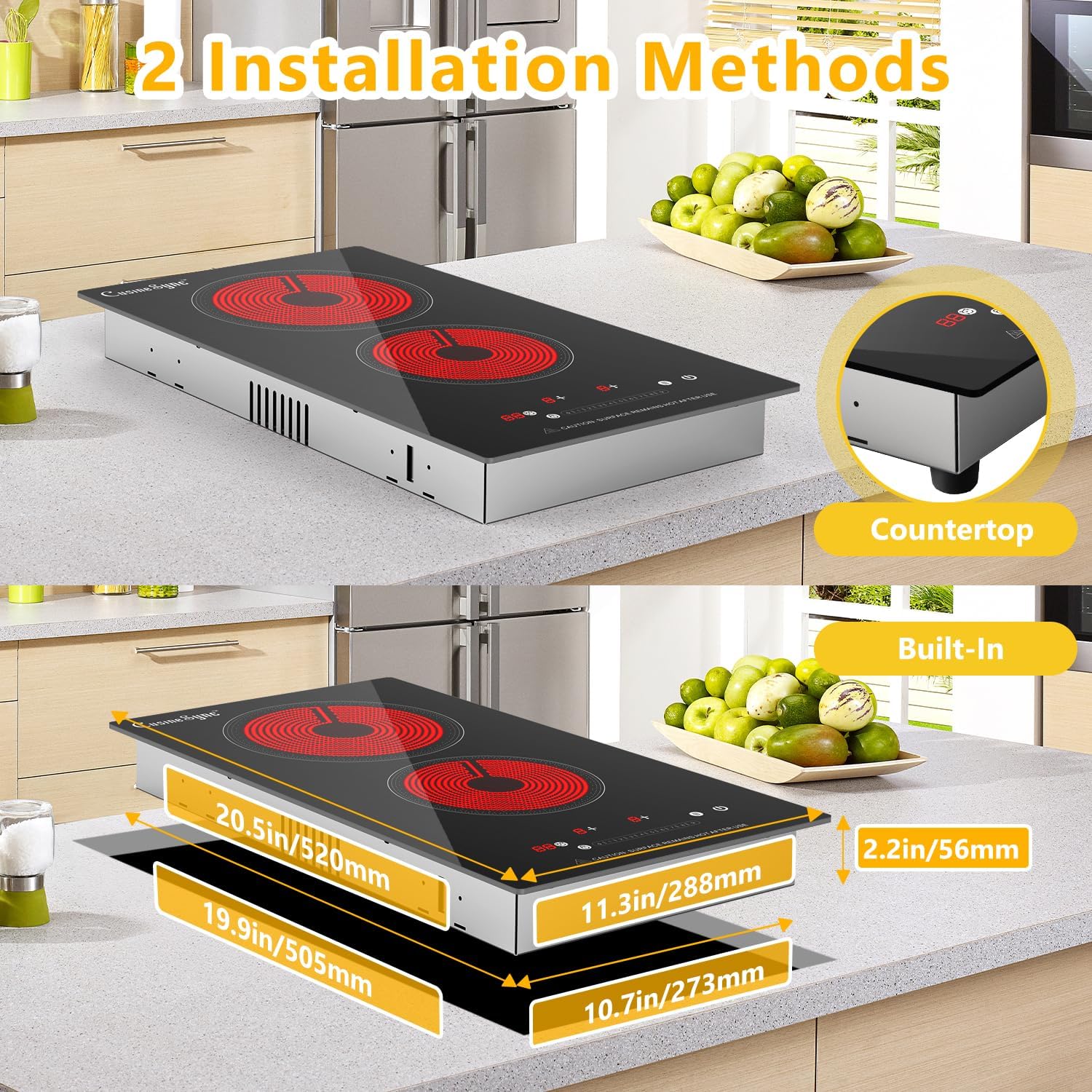 2 Burner Electric Cooktop, 110-120V Plug In Countertop Stove, Touch Control with 99-Min Timer, Child Lock & Auto Shutoff, 12 Inch Radiant Cooktop for Indoor Cooking