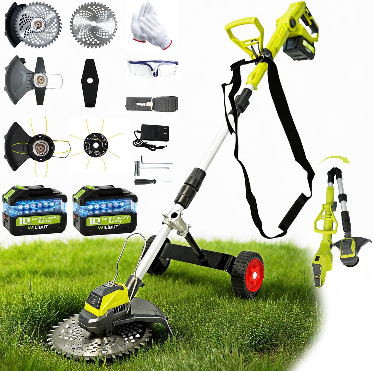 3-in-1 Cordless Weed Wacker with Wheels, 12-Inch Weed Eater Battery Powered Brush Cutter, 2x4.0Ah Batteries, LCD Display, Grass Trimmer Stringless Weed Trimmer Lawn Mower Edger