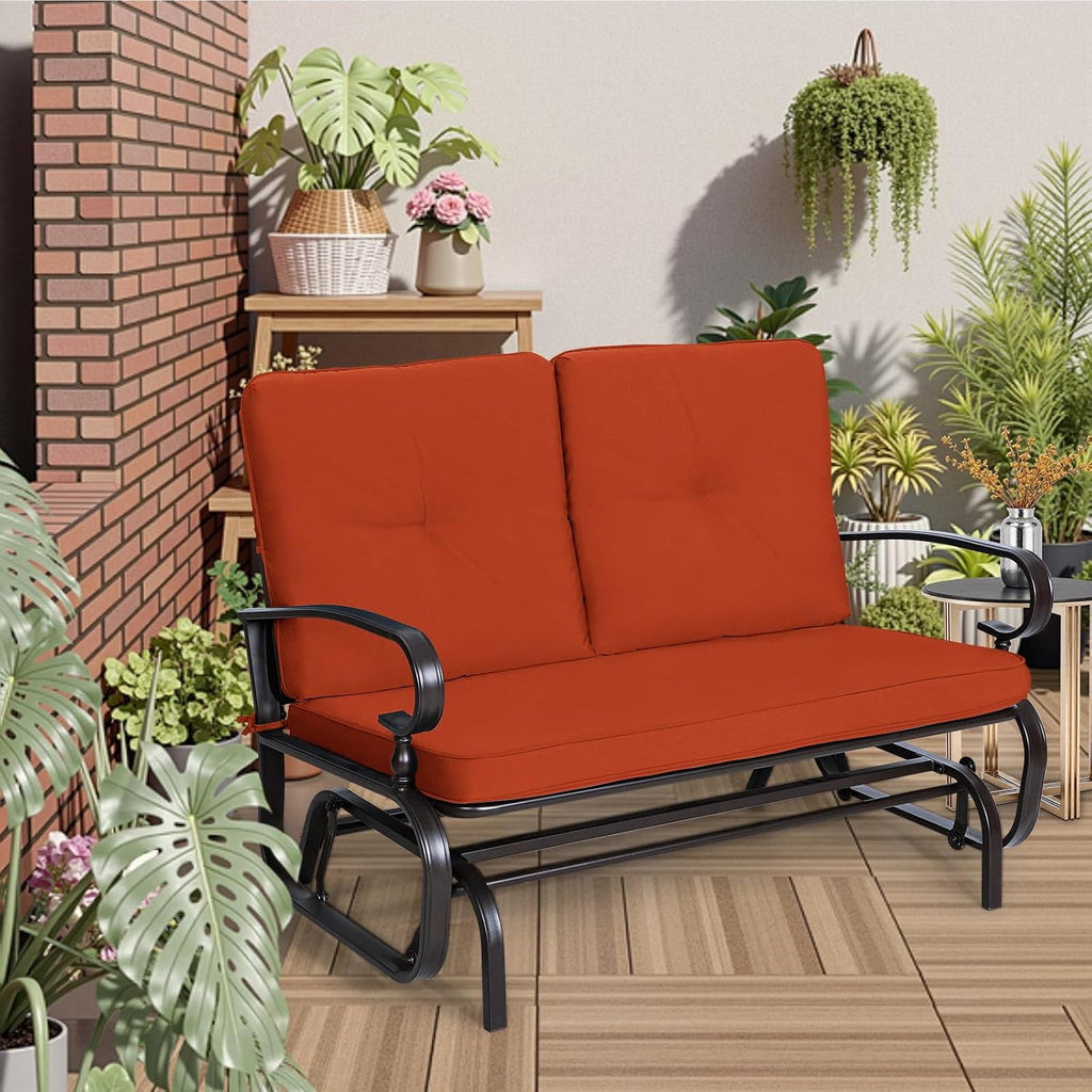 Incbruce Outdoor Glider Rocking Chair Patio Glider Bench for 2 Person, Porch Loveseat Seating Patio Steel Frame Chair Set with Cushion for Porch, Patio, Garden (Red)