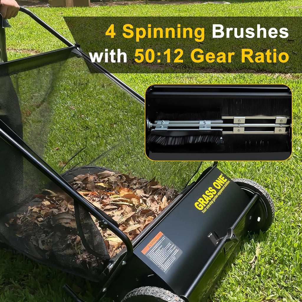 26 Inch Push Lawn Sweeper, Leaf and Grass Collector with 7 Cu.Ft Mesh Bag, 4 Spinning PP Brushes, Durable Steel Construction, Adjustable Height & Rubber Tires for Yard Cleanup