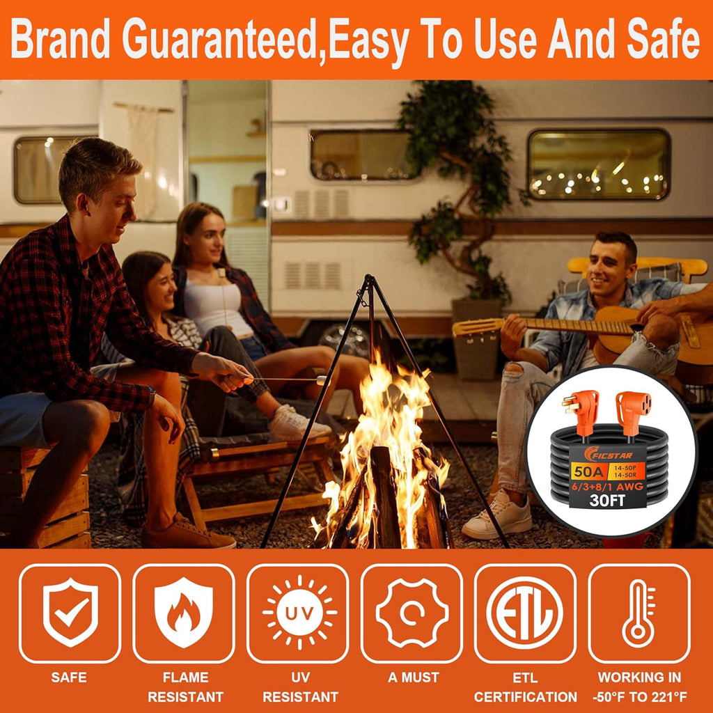 30FT 50 Amp RV Extension Cord Outdoor with Grip Handle, 125/250V, 12500W, 4 Prong, Heavy Duty 6/3+8/1 Gauge STW, NEMA 14-50P to 14-50R with Cord Organizer, UL&ETL Listed