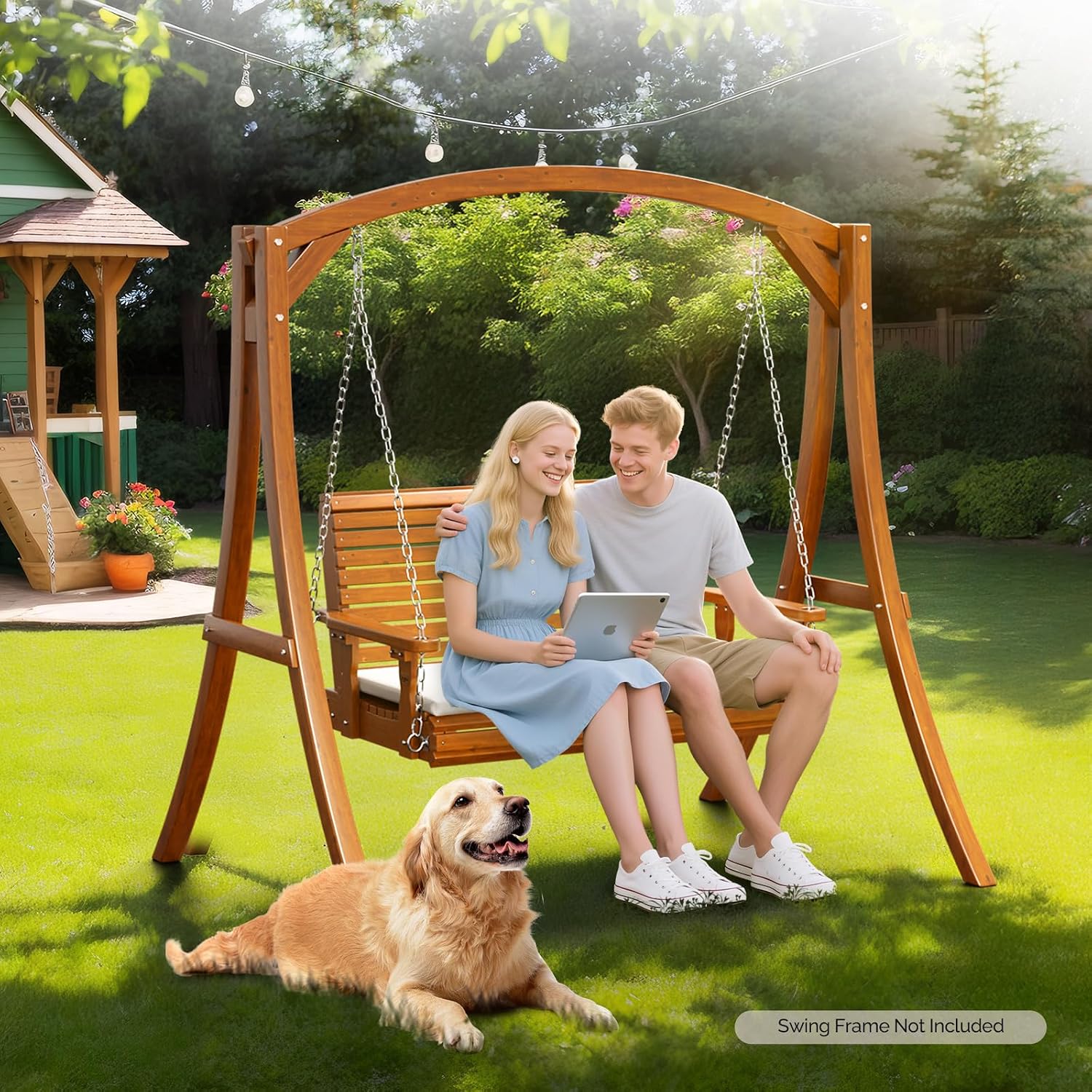 VINGLI Outdoor 4 FT Porch Swing, Heavy Duty 880 LBS Wooden Patio Swings with Cushions, Farmhouse Style Hanging Bench with Adjustable Chains for Yard | Garden | Lawn | Balcony, Brown