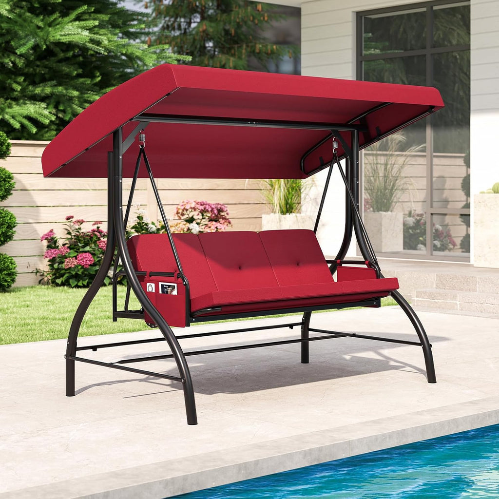 Tangkula 3 Person Porch Swing, 2-in-1 Convertible Outdoor Swing with Adjustable Canopy, Removable Cushions, Metal Frame, Side Pockets for Backyard, Garden, Porch (Burgundy)