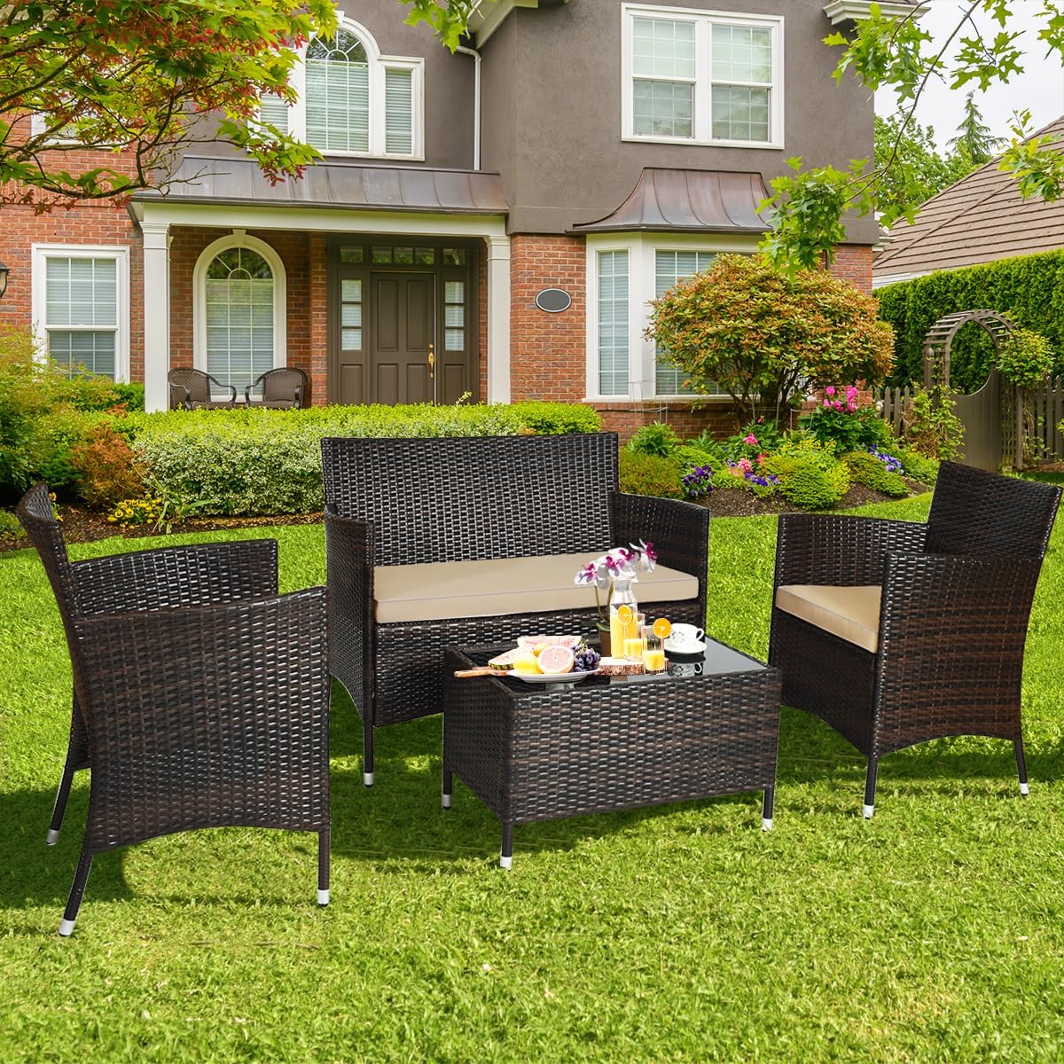 Goplus 4-Piece Rattan Patio Set, Outdoor/Indoor Wicker Conversation Set for Pool, Backyard, Lawn, Wicker Chairs and Sofa with Soft Cushion, Rattan Furniture with Tempered Glass Coffee Table