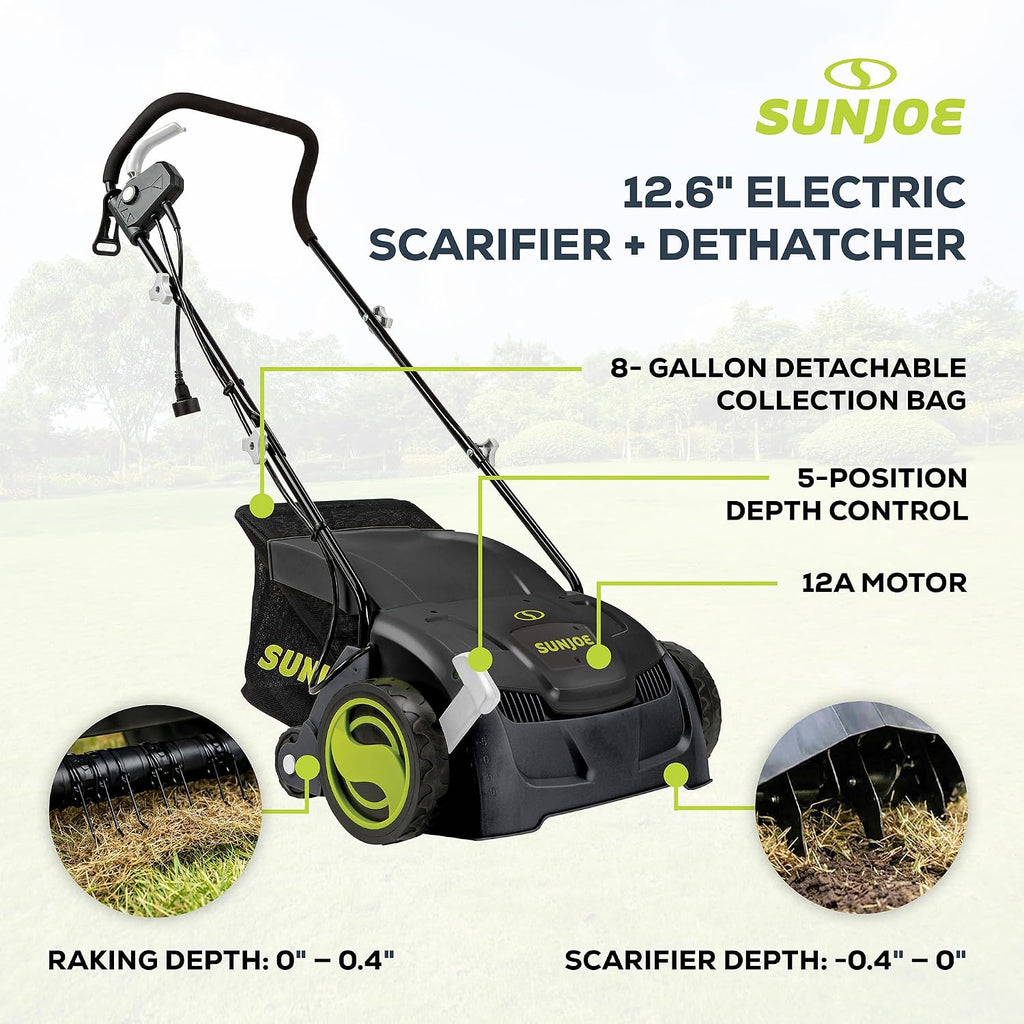 Sun Joe Electric Dethatcher & Scarifier, Corded, with 8-Gal Bag, 12.6-Inch Cutting Width, 12-Amp Motor - Heavy-Duty Yard Trimmer for Lawn Maintenance, AJ801E