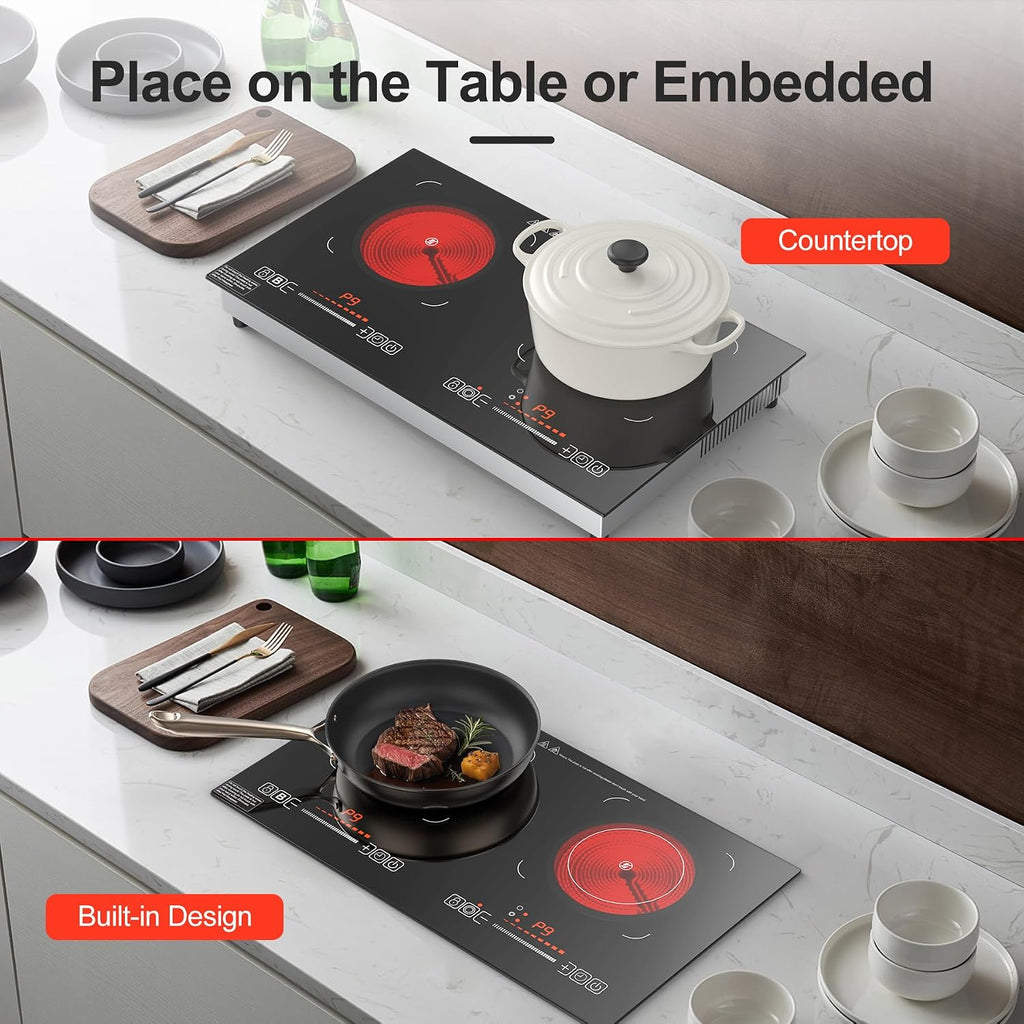 Electric Cooktop,110V 2400W,Countertop and Built-in Electric Stove top,2 Burner induction Cooktop with11 Power Levels,Child Safety Lock, Timer, LED touch control,Overheat Protection