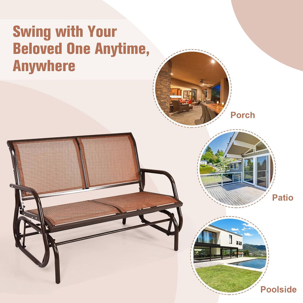 Tangkula 2 Person Patio Glider, Outdoor Swing Bench, Glider Loveseat Chair with Heavy-Duty Steel Frame, Breathable Seat Fabric, Rocking Chair for Poolside, Garden, Backyard, Porch