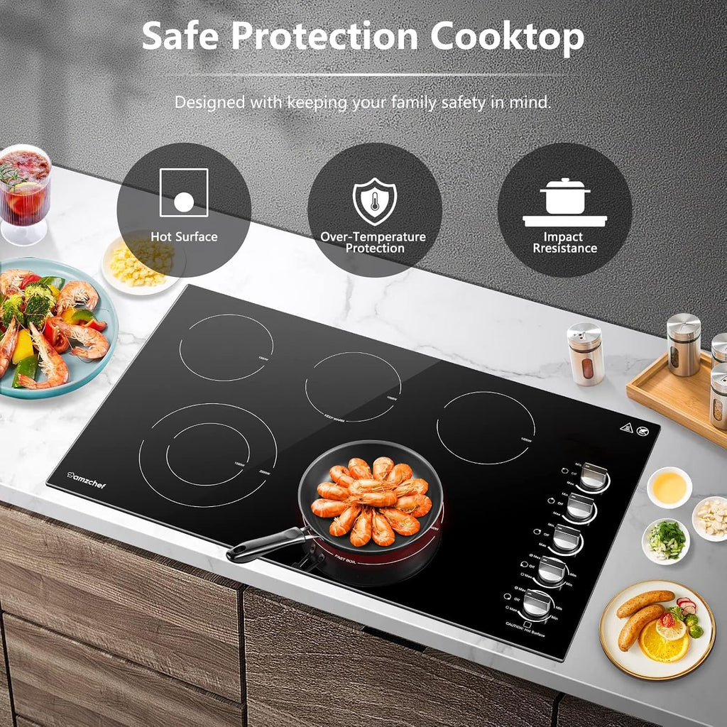 AMZCHEF Electric Cooktop 36 Inch,5 Burners Built-in Electric Stove Top,Max 8900W Ceramic Glass Countertop with Knob Control Max 3000W Double Zone,Safety Lock