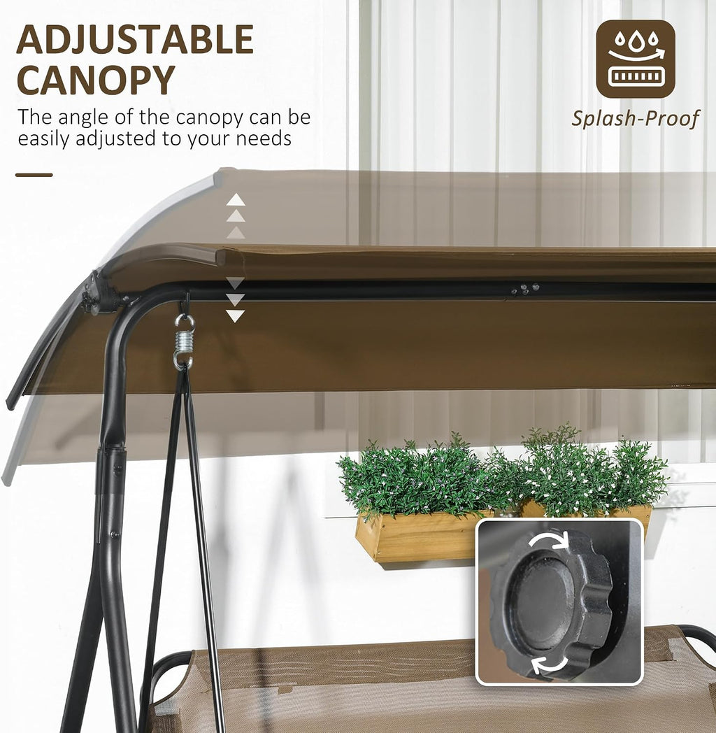 Outsunny 3-Person Porch Swing with Stand, Outdoor Swing for Patio Porch with Adjustable Tilt Canopy and Comfortable Swing Bench-Style Seat, Steel Frame, Brown