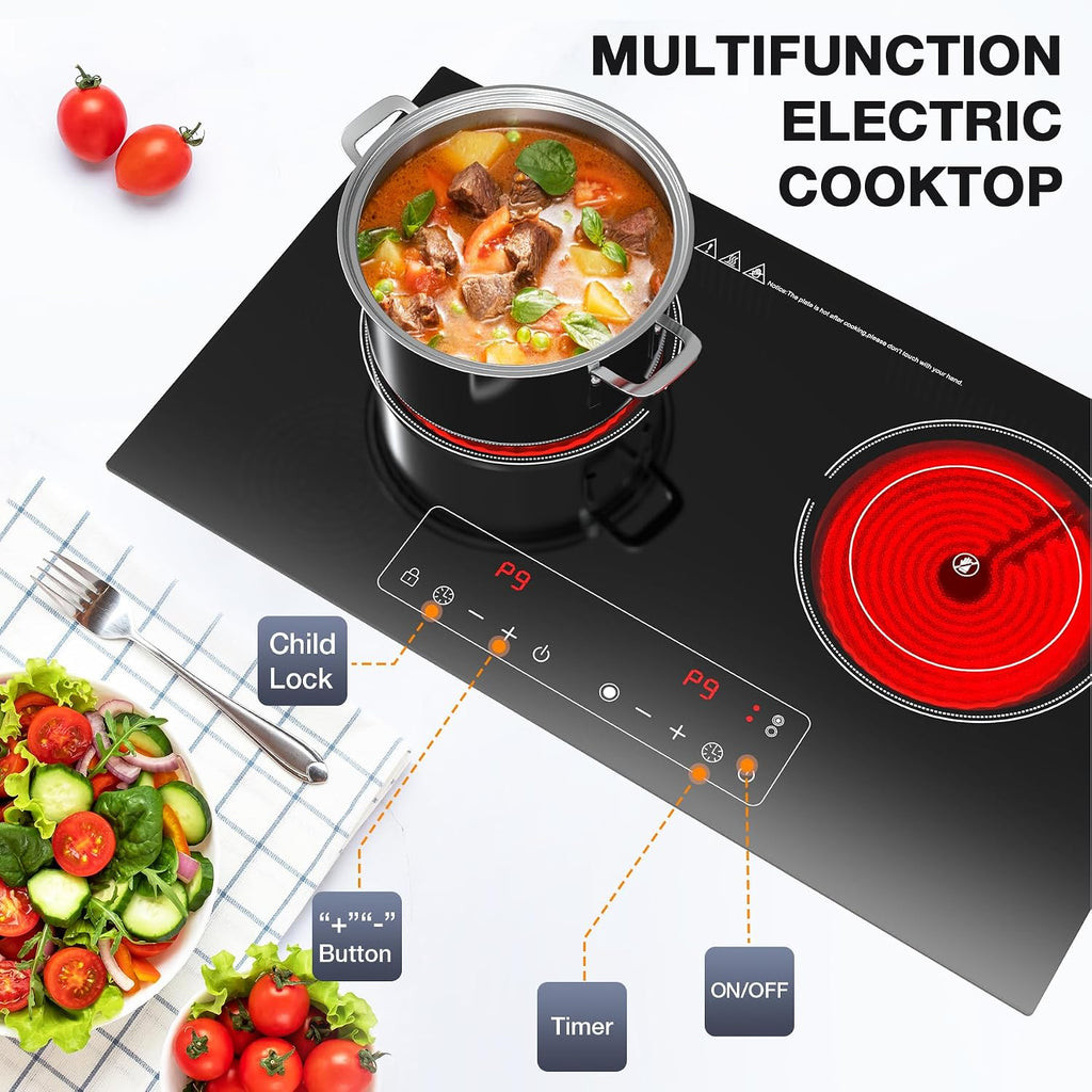 Electric Cooktop,110V 2400W 2 Burner Electric Cooktop,Countertop and Built-in Stove top with 9 Power Levels,Child Safety Lock, Timer, LED touch control,Overheat Protection