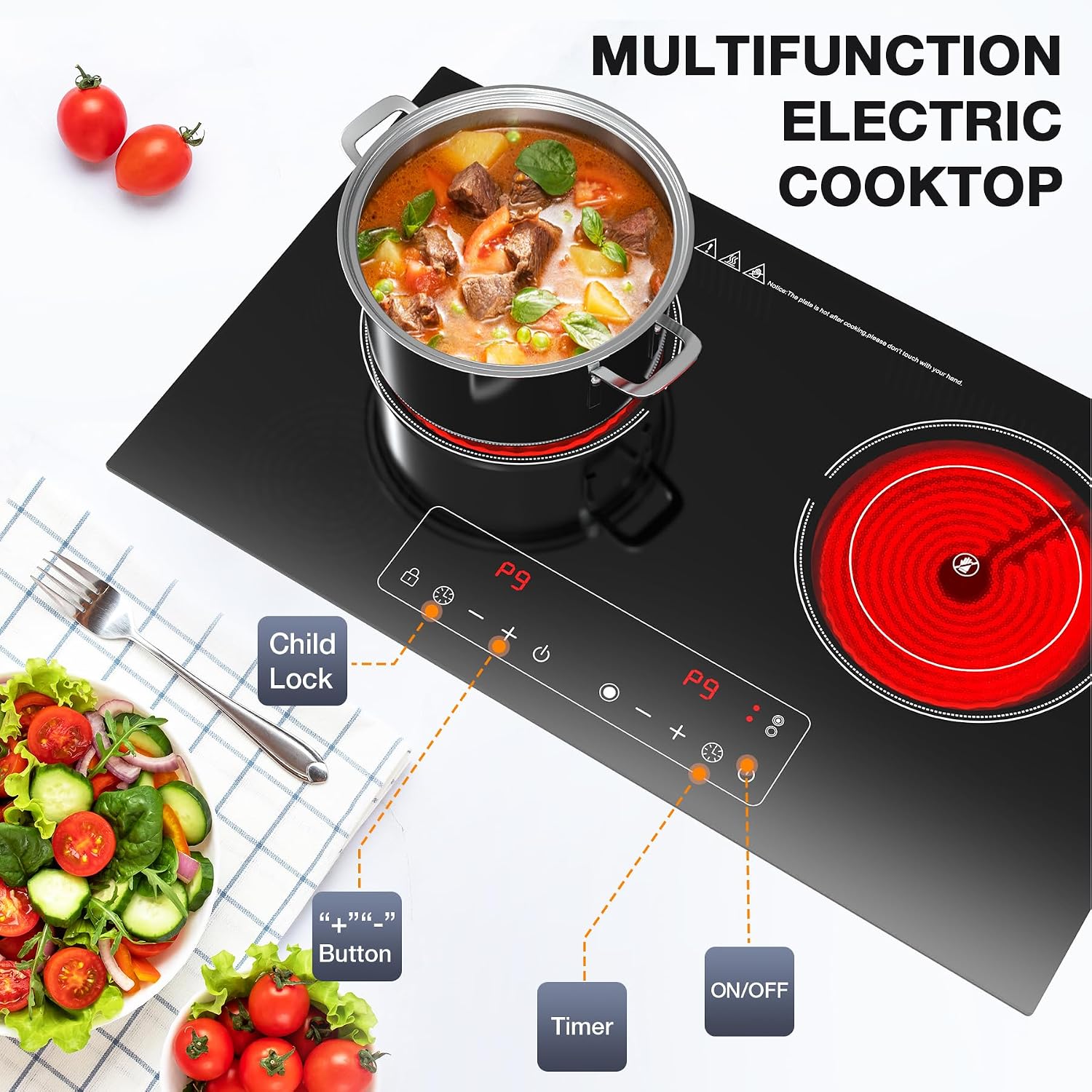 Electric Cooktop,110V 2400W 2 Burner Electric Cooktop,Countertop and Built-in Stove top with 9 Power Levels,Child Safety Lock, Timer, LED touch control,Overheat Protection