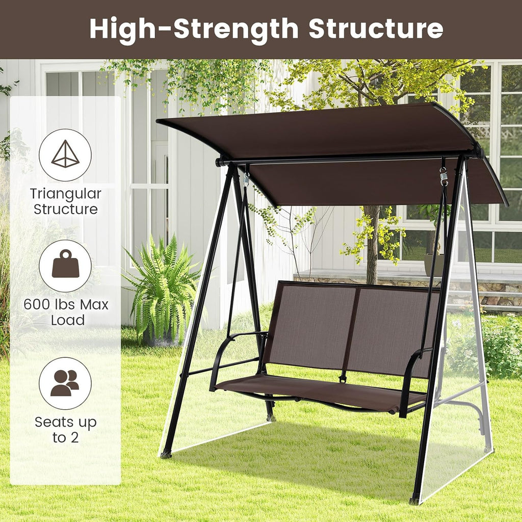 HAPPYGRILL 2-Person Patio Swing with Canopy, Heavy-Duty Metal Frame, Breathable Seat Fabric, Outdoor Loveseat Swing for Backyard, Balcony, Poolside