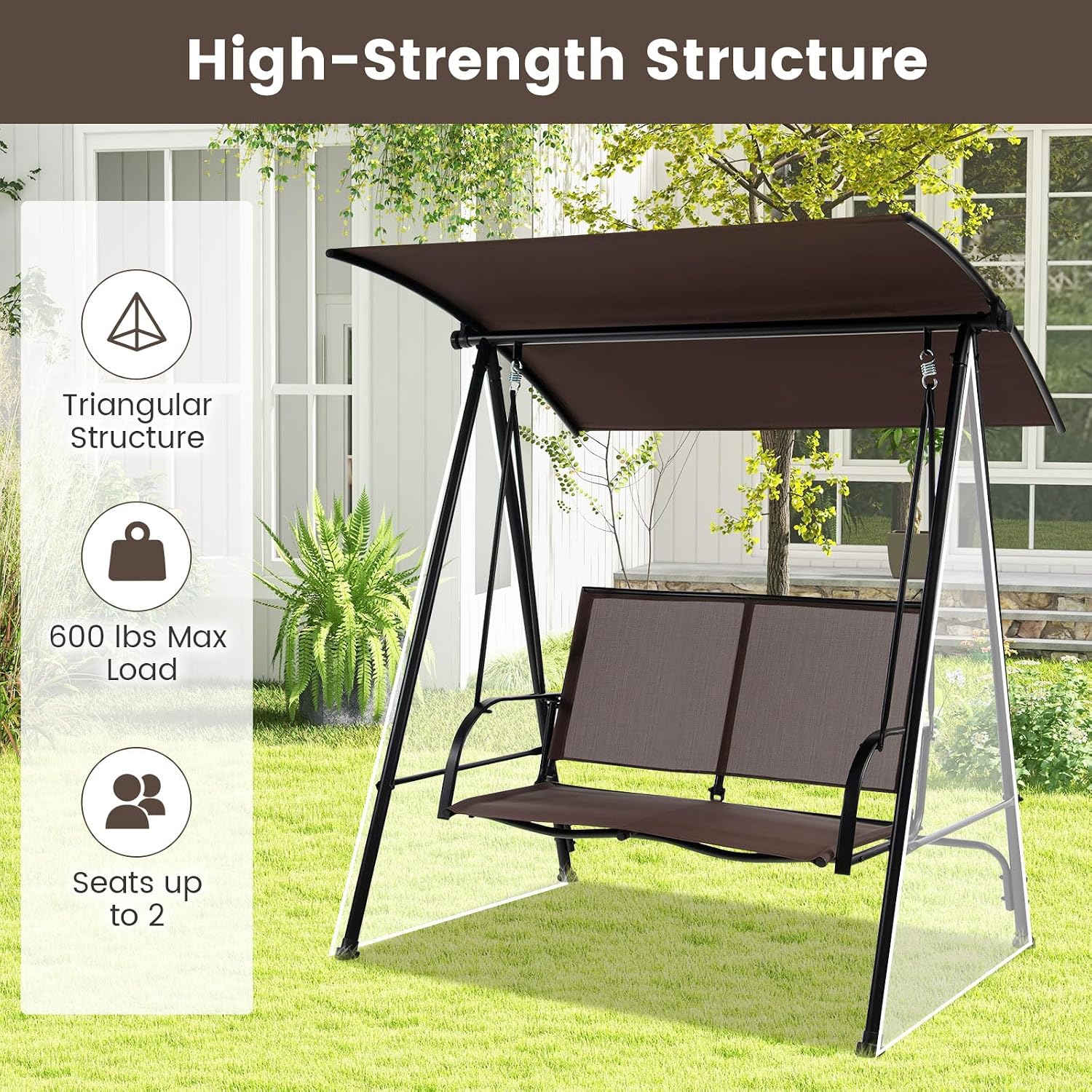 HAPPYGRILL 2-Person Patio Swing with Canopy, Heavy-Duty Metal Frame, Breathable Seat Fabric, Outdoor Loveseat Swing for Backyard, Balcony, Poolside