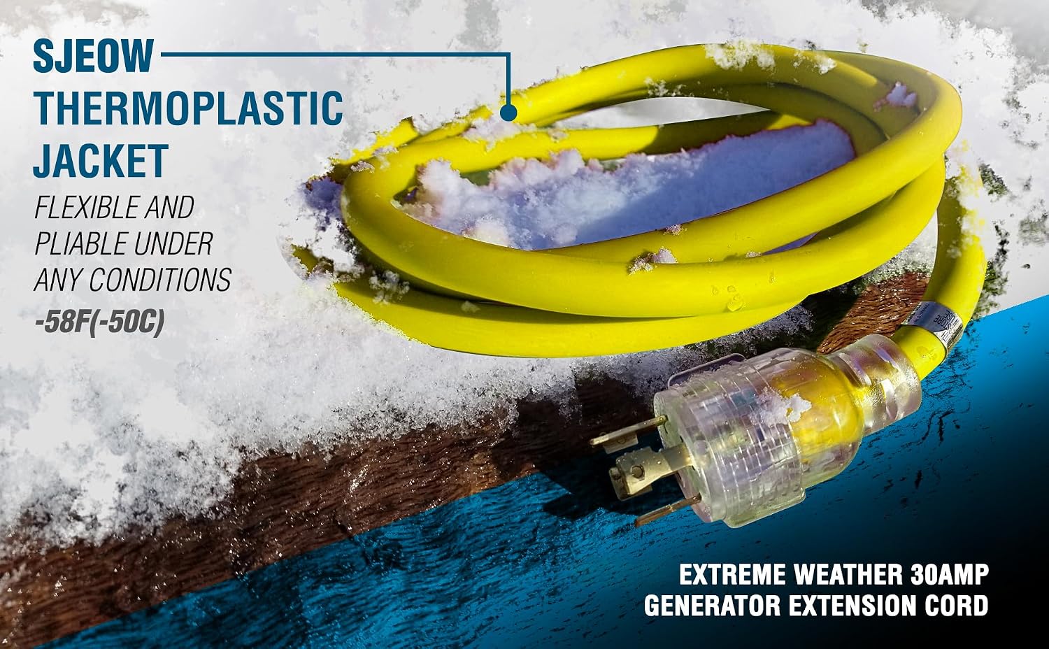 TEMCo 50 ft Extreme Cold Weather L14-30 Generator Extension Cord | 30 Amp 10 Gauge SJEOW with Lighted Plugs | Flexible to -58°F (-50°C) UL Listed - Yellow