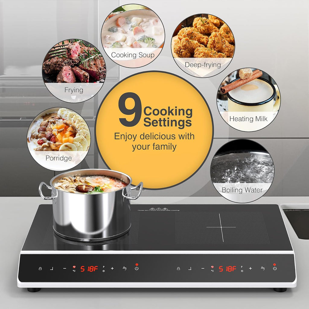 GIHETKUT Double Induction Cooktop, 4000W 2 burner Induction cooktop with LED Touch Screen 10 Levels Settings with Child Safety Lock & Timer 110V Electric burner with hot plate