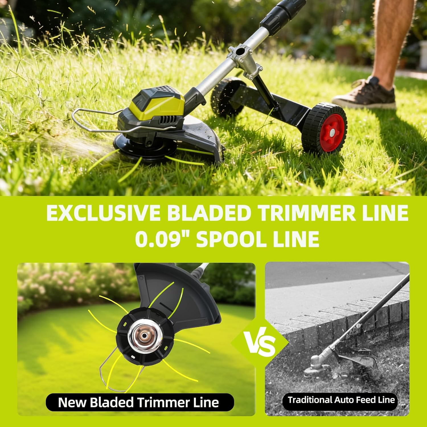 3-in-1 Cordless Weed Wacker with Wheels, 12-Inch Weed Eater Battery Powered Brush Cutter, 2x4.0Ah Batteries, LCD Display, Grass Trimmer Stringless Weed Trimmer Lawn Mower Edger