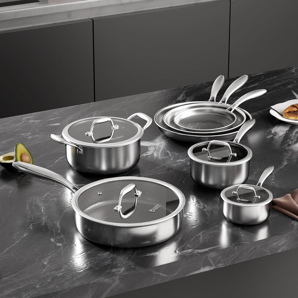 COOKER KING Stainless Steel Cookware Set, 11 Pcs Pots and Pans Set, Hybrid Ceramic Cookware,Non-Stick Frying Pans, Saucepans, Saute Pan & Stock Pot, Non-Toxic, Oven Safe, Induction Compatible