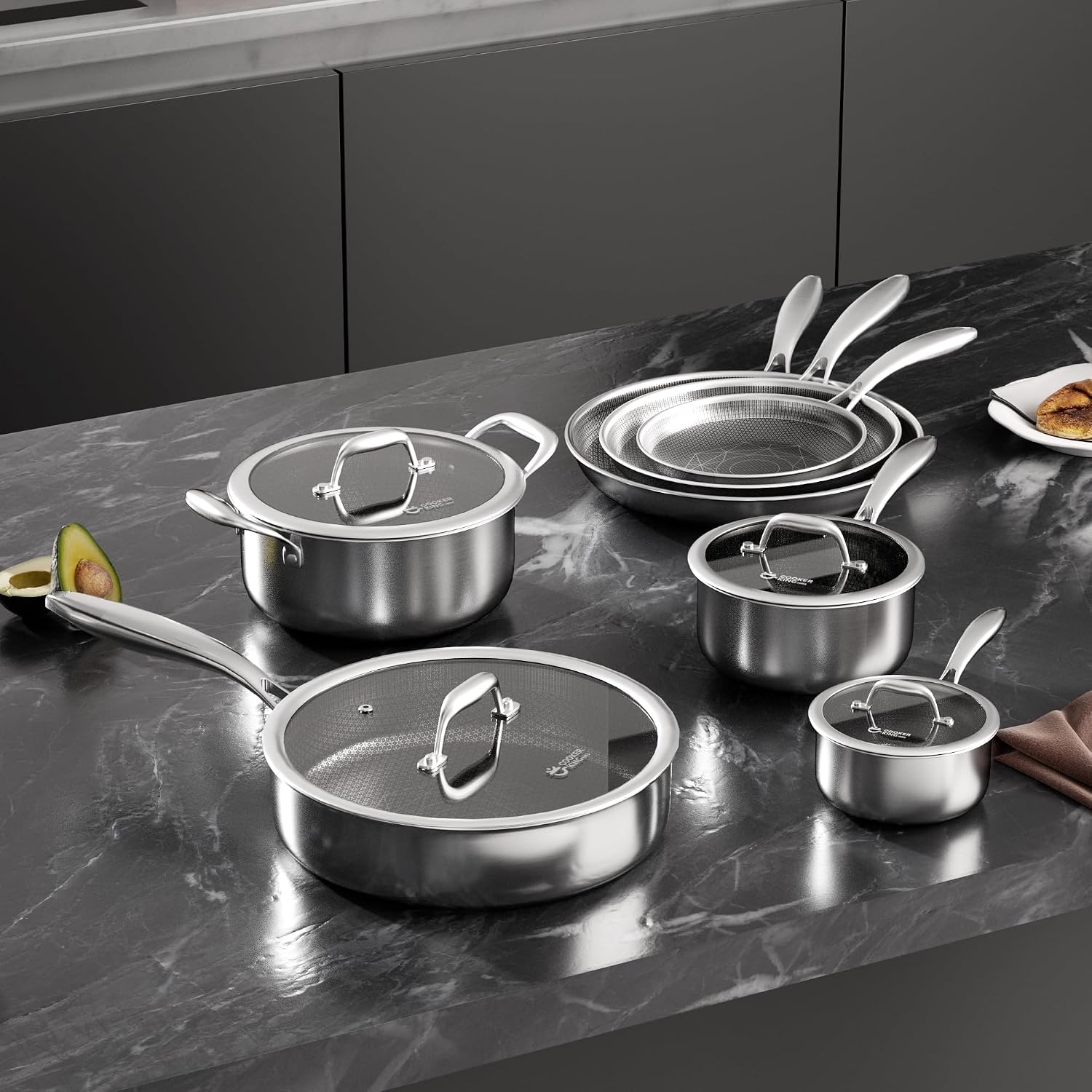COOKER KING Stainless Steel Cookware Set, 11 Pcs Pots and Pans Set, Hybrid Ceramic Cookware,Non-Stick Frying Pans, Saucepans, Saute Pan & Stock Pot, Non-Toxic, Oven Safe, Induction Compatible