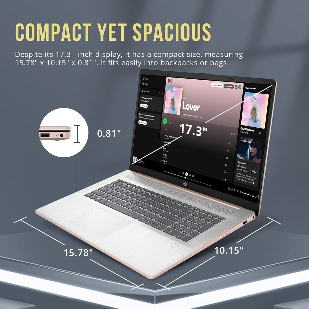 HP 17.3' HD+ BrightView Laptop, Intel Celeron N4120, 4GB RAM, 416GB Storage (256GB SSD + 160GB Docking Station Set), Intel UHD Graphics, Full-Size Keyboard, Webcam, Wi-Fi, Windows 11 Home, Rose Gold
