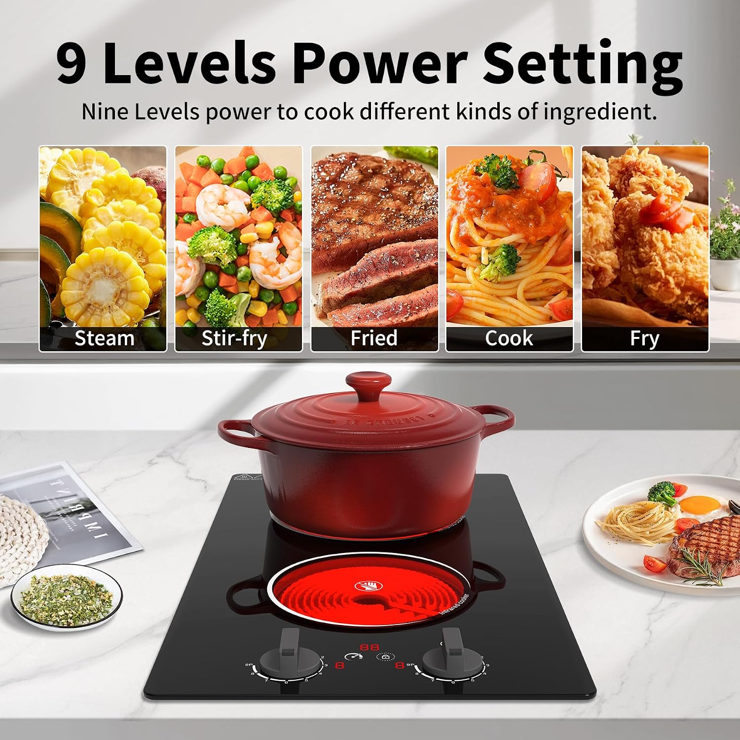 GIHETKUT Electric Cooktop,110V 2100W Stove top,Countertop and Built-in 2 burner cooktop,9-speed power, child safety lock, timer, knob and touch control 2 burner Electric cooktop