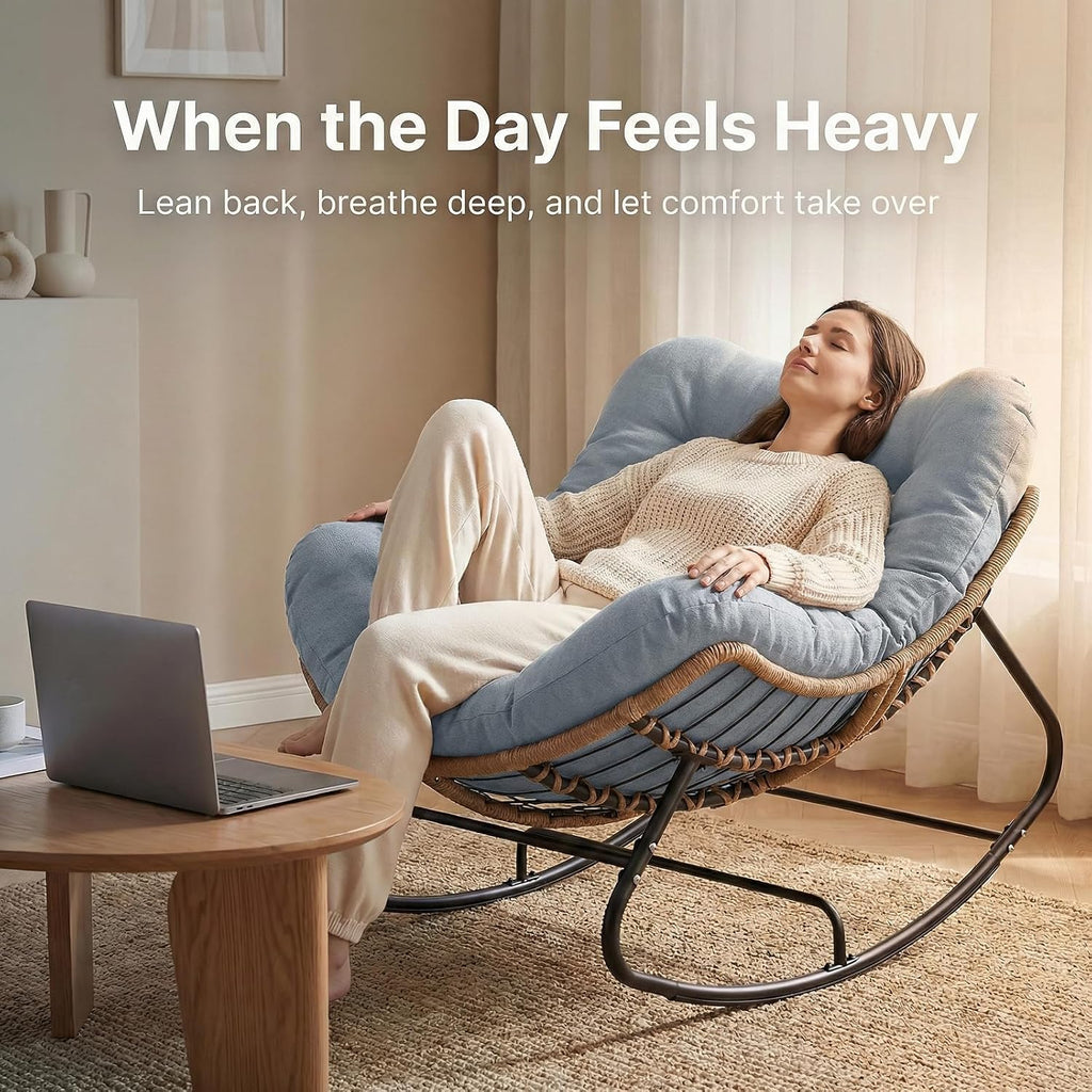 Oversized Papasan Rocking Chair Outdoor, Comfy Wicker Patio Papasan Egg Rocker with Thick Cushion for 450 lbs, Indoor Lounge Reading Chair for Living Room, Porch, Garden, Balcony, Bedroom-Blue