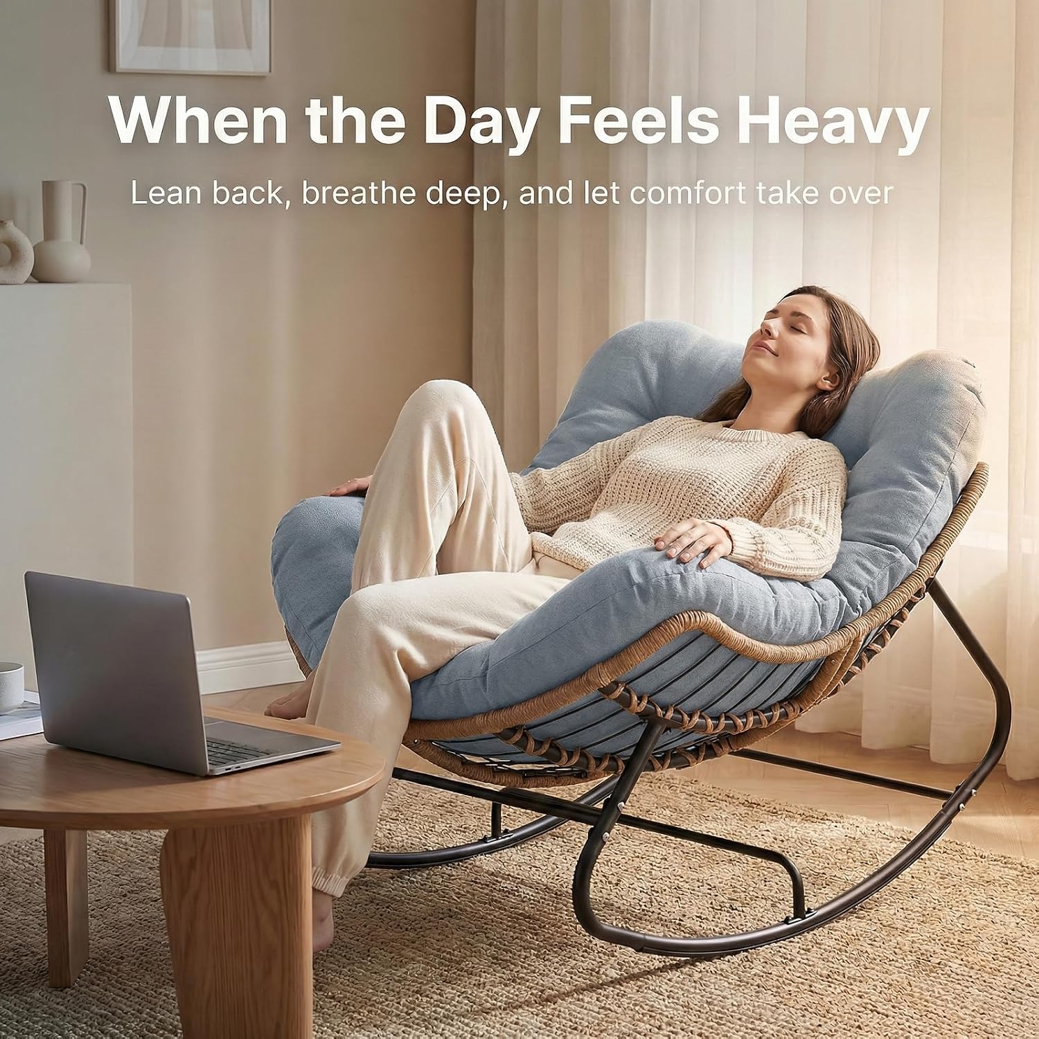 Oversized Papasan Rocking Chair Outdoor, Comfy Wicker Patio Papasan Egg Rocker with Thick Cushion for 450 lbs, Indoor Lounge Reading Chair for Living Room, Porch, Garden, Balcony, Bedroom-Blue