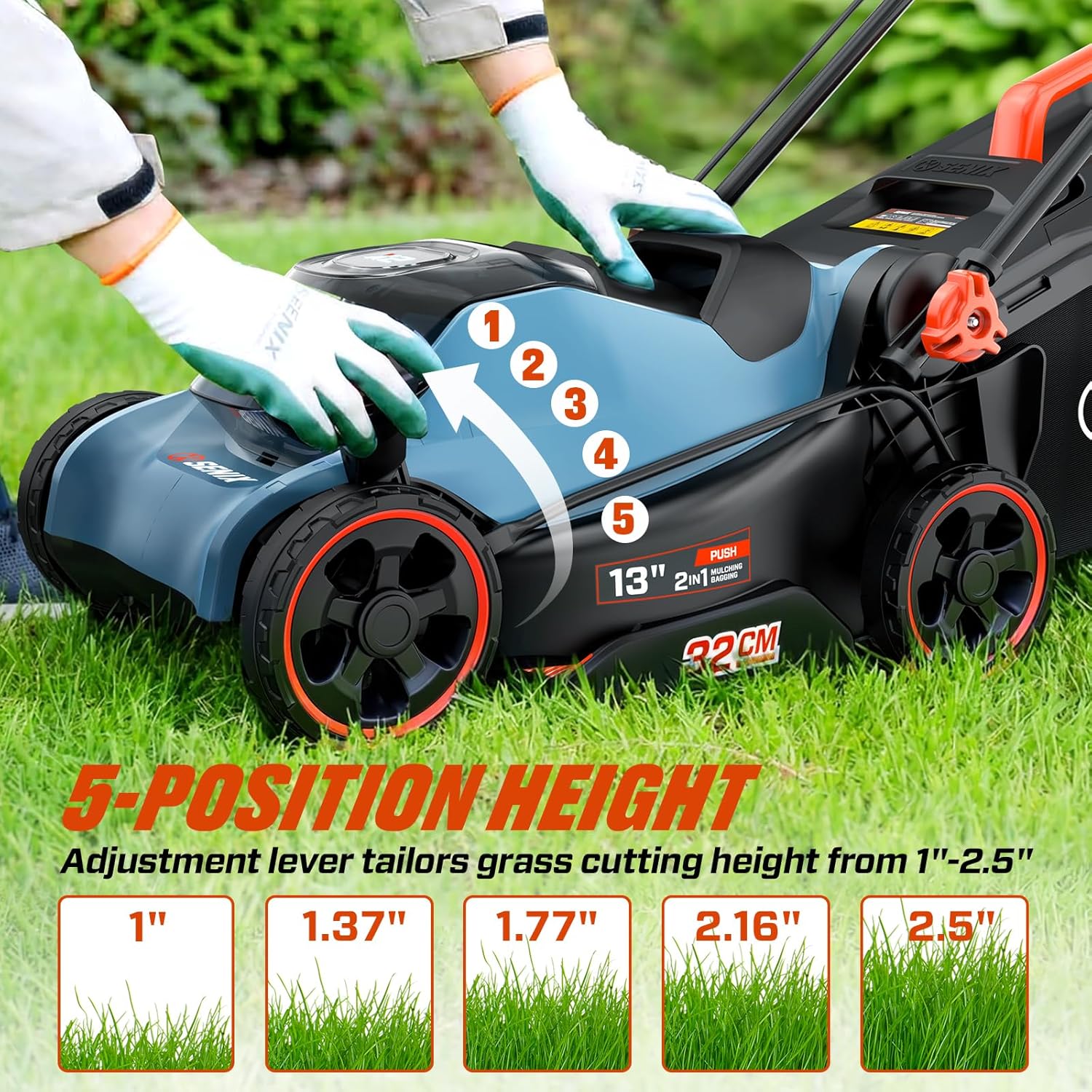 SENIX 20V 13' Cordless Lawn Mower, 2-in-1 Electric Push Mower 4.0Ah Battery & Charger, Bagging, Mulching, 5 Position Height Adjustment, for Garden Yard