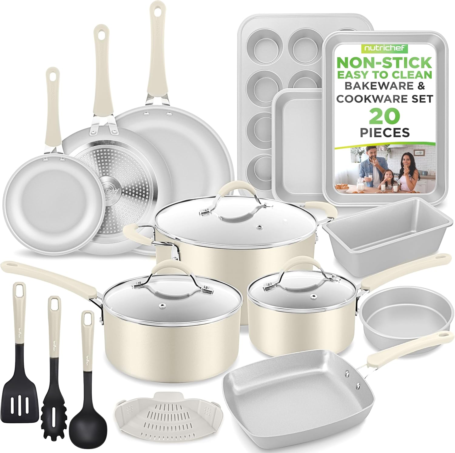 NutriChef 20-Piece Non-Stick Bakeware and Cookware Set - Utensils Including Pots and Baking Pans Made with Durable Aluminum, Tempered Glass Lids, Heat-Resistant Utensils, Easy-Clean Design (White)
