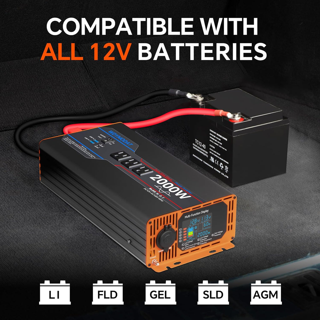 2000W Pure Sine Wave Inverter, Car Power Inverter 12V to 110V 120V, DC to AC Converter Generator with AC Outlets 3.0A USB Type-C, Remote Controller LCD Display Truck Inversor for Vehicles, RV