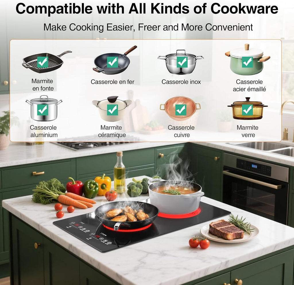 WABK Electric Cooktop 2 Burners, 12' Electric Stove Top with Plug in, Sensor Control Countertop & Built-in Ceramic Cooktop, Keep-Warm, 9 Heating Level, Timer, Child Lock, Compatible with All Cookware