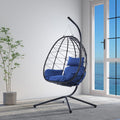 Hanging Egg Chair with Stand, Black Wicker Rattan Swing Egg Chair, Indoor Outdoor Swing Chair for Patio Balcony Porch Bedroom, 350 LBS Capacity (Navy Blue)