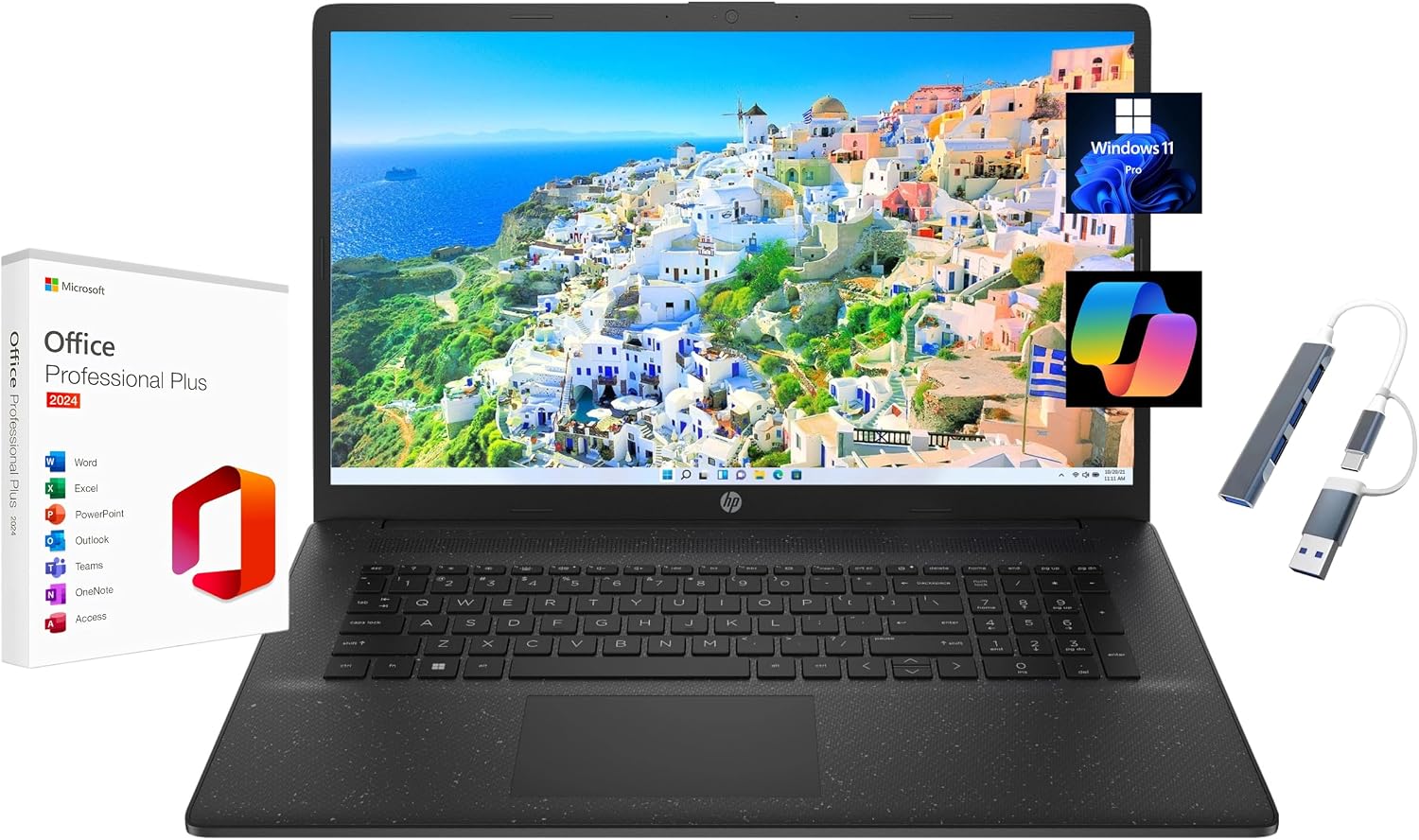 HP 2025 17.3' HD+ Laptop, with Free Lifetime Microsoft Office 2024, Intel Core i5-1334U, 8GB RAM, 256GB SSD, Intel Iris Xe Graphics, Windows 11 Pro, Jet Black, with USB Hub