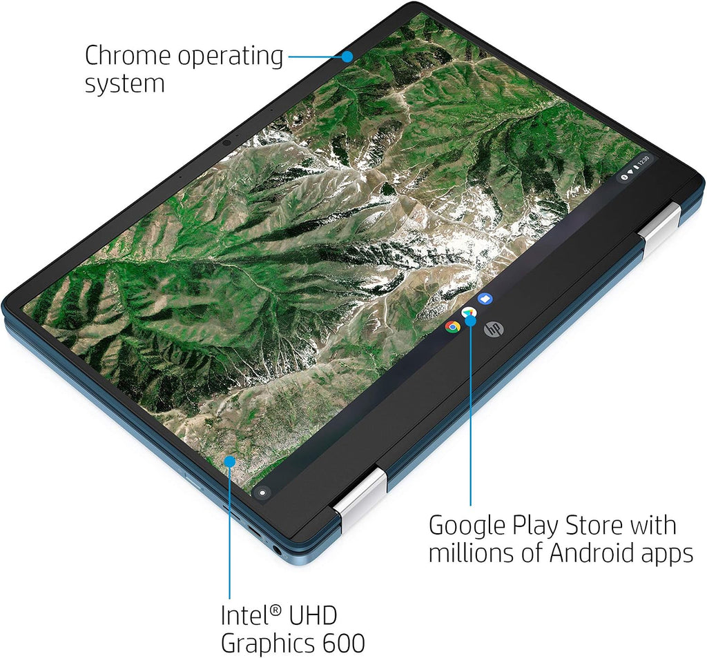 Laptop HP X360 14a Chromebook 14' HD Touchscreen, Entertaining from Any Angle Intel Celeron, 4GB LPDDR4 64GB eMMC WiFi Webcam Stereo Speakers Bluetooth 4.2 Chrome Blue Metallic Color (Renewed)