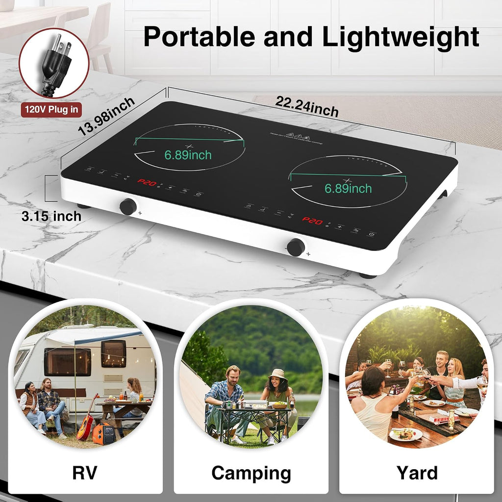 Double Induction Cooktop, 2 Burner Induction Burner 20 Temperature & Power Levels Portable Electric Stove Countertop Burners, Knob Control, Child Safety Lock & 4H Timer, Auto Shut-Off