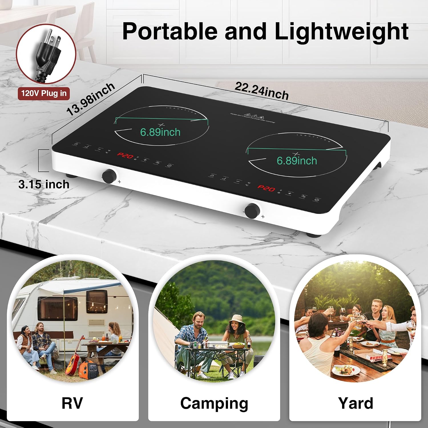 Double Induction Cooktop, 2 Burner Induction Burner 20 Temperature & Power Levels Portable Electric Stove Countertop Burners, Knob Control, Child Safety Lock & 4H Timer, Auto Shut-Off
